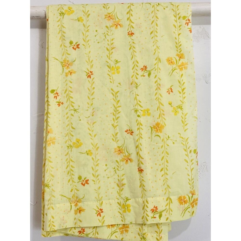 Pequot 70s Yellow Flower Power Twin Flat Sheet Muslin Dacron Wildflowers Orange